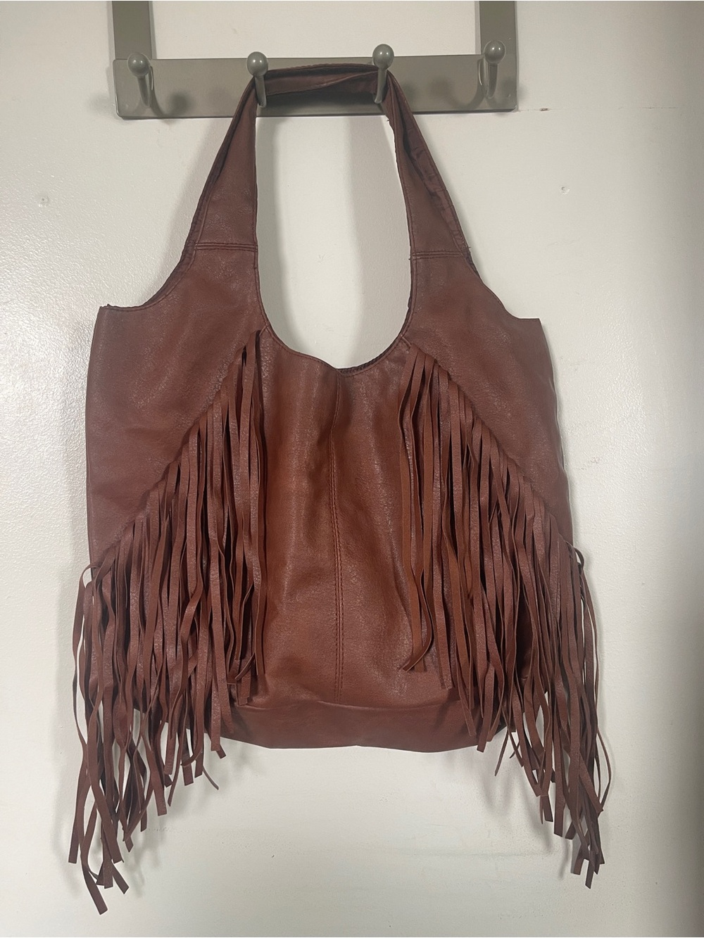 Fringed Shoulder Tote Bag - Brown